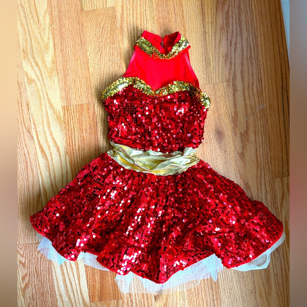 Red sequin dance costume w gold details. Size “IC”. Weissman brand. Worn once.